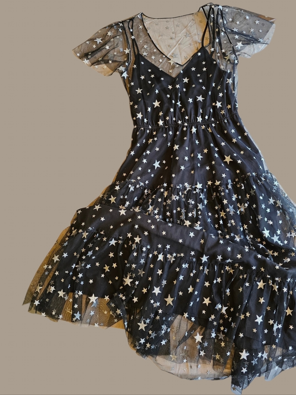 ModCloth Star Tulle Dress M Black Silver Celestial Tiered Sheer Mesh Goth Fairy